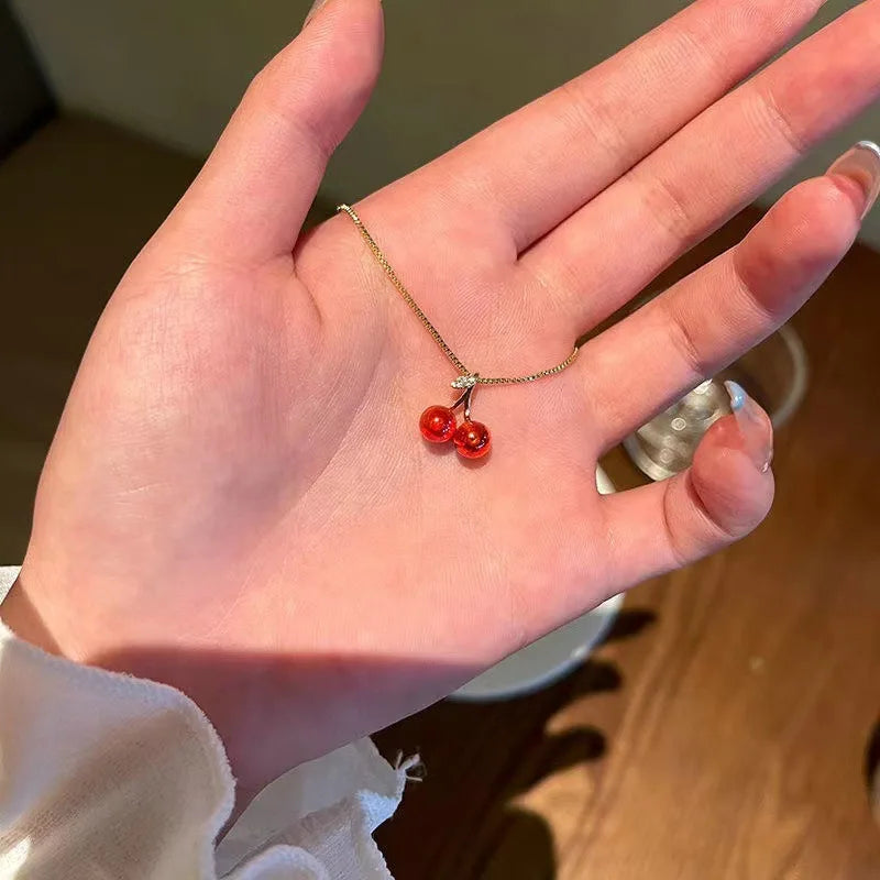 Cherry Gold Pendant Necklace 💎 | Wine Red Elegance for Every Occasion ✨