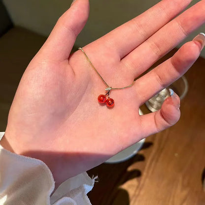 Cherry Gold Pendant Necklace 💎 | Wine Red Elegance for Every Occasion ✨