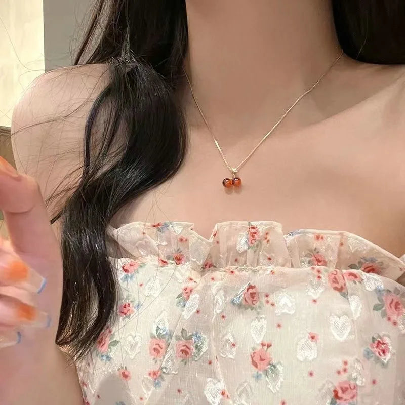 Cherry Gold Pendant Necklace 💎 | Wine Red Elegance for Every Occasion ✨