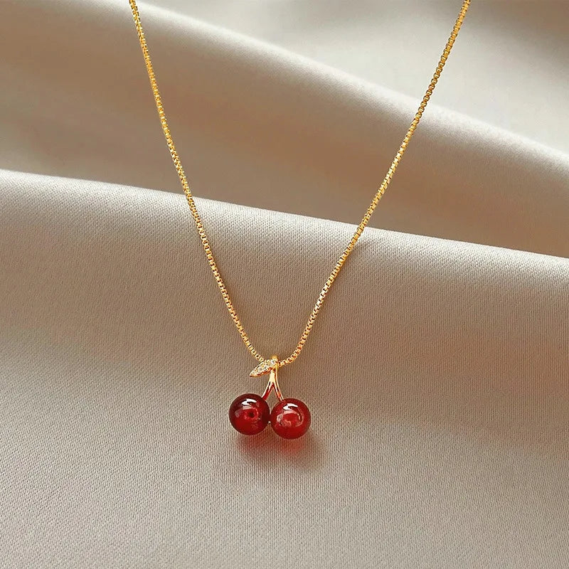 Cherry Gold Pendant Necklace 💎 | Wine Red Elegance for Every Occasion ✨
