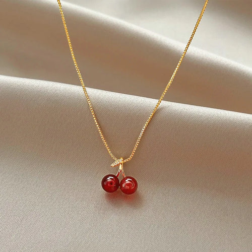 Cherry Gold Pendant Necklace 💎 | Wine Red Elegance for Every Occasion ✨